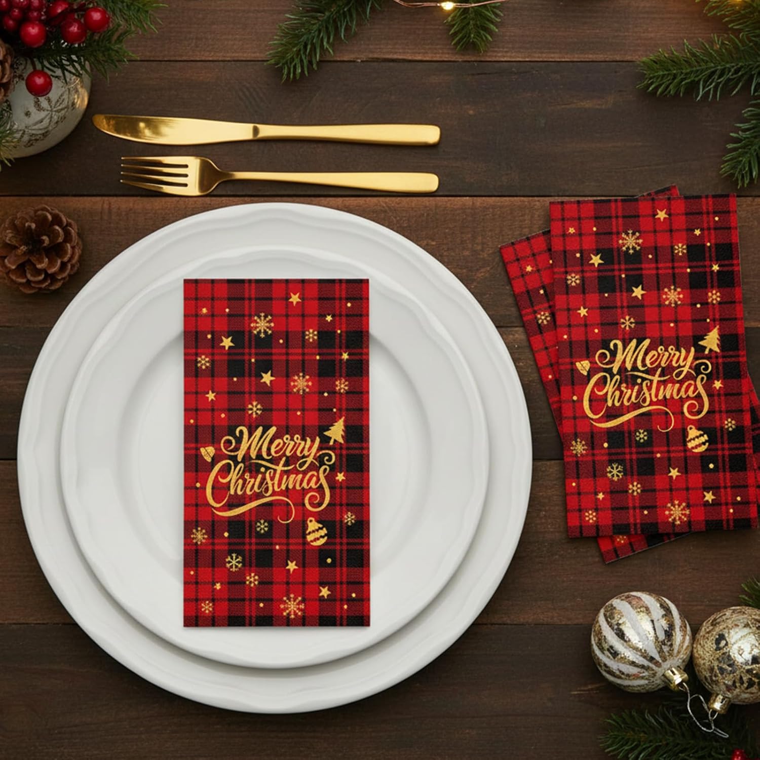 Gueevin 100 Pcs Buffalo Plaid Christmas Disposable Napkins Disposable Cocktail Napkins Guest Towel Christmas Tree Napkin for Xmas Kitchen Table Party Supplies Decor(Letter,4.3 x 7.9 Inch)